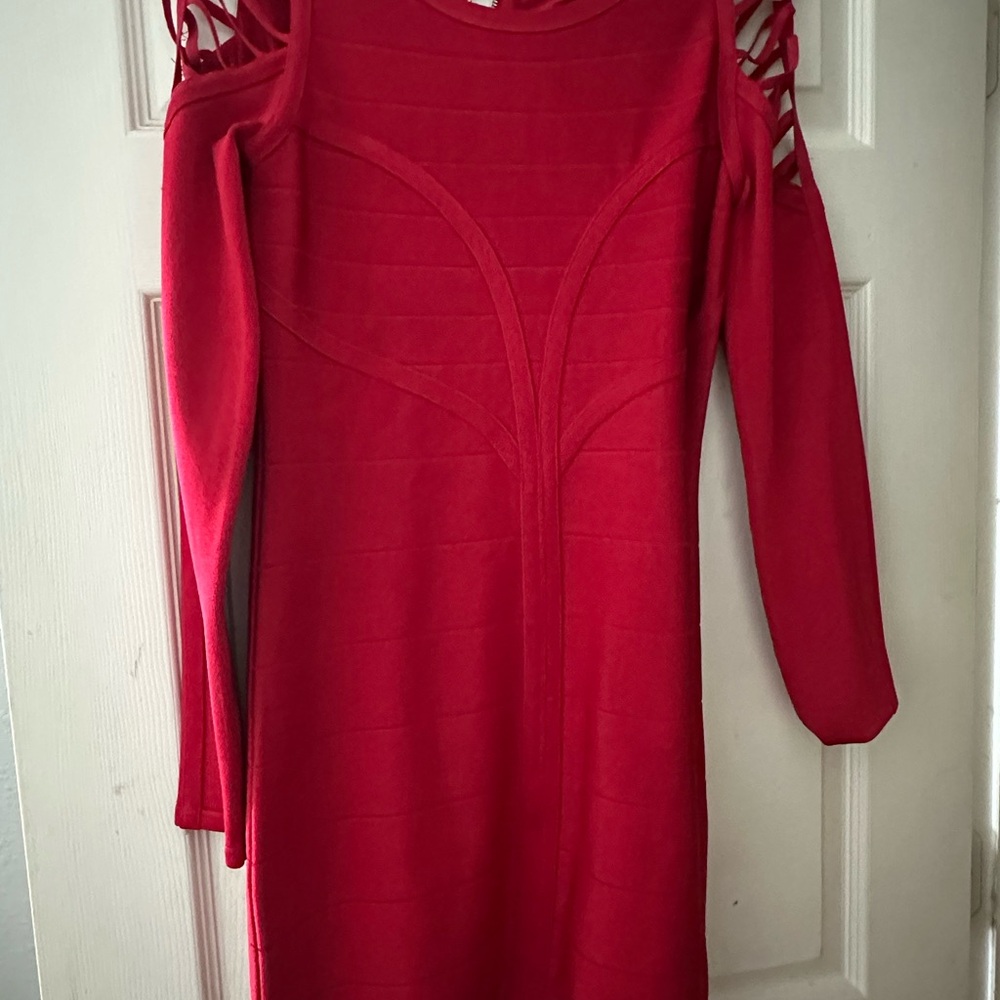 bebe Red Long Sleeve Cold Shoulder Dress